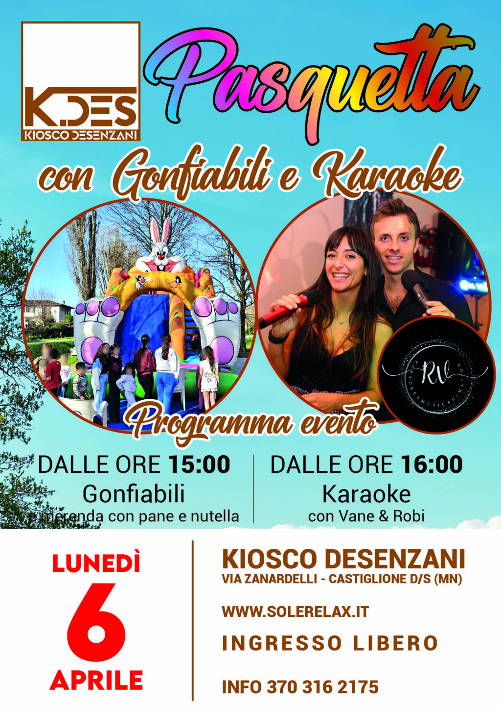 Lunedì 6 Aprile 2026 ti aspettiamo per la Pasquetta al K.DES con Karaoke e gonfiabili