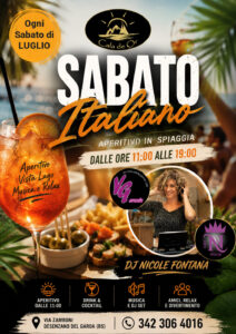 Ogni sabato di luglio vivi il Sabato Italiano al Cala de Or di Desenzano del Garda: aperitivo sul Lago di Garda dalle 11:00 alle 19:00 con DJ Nicole Fontana, cocktail, musica italiana e vista lago.
