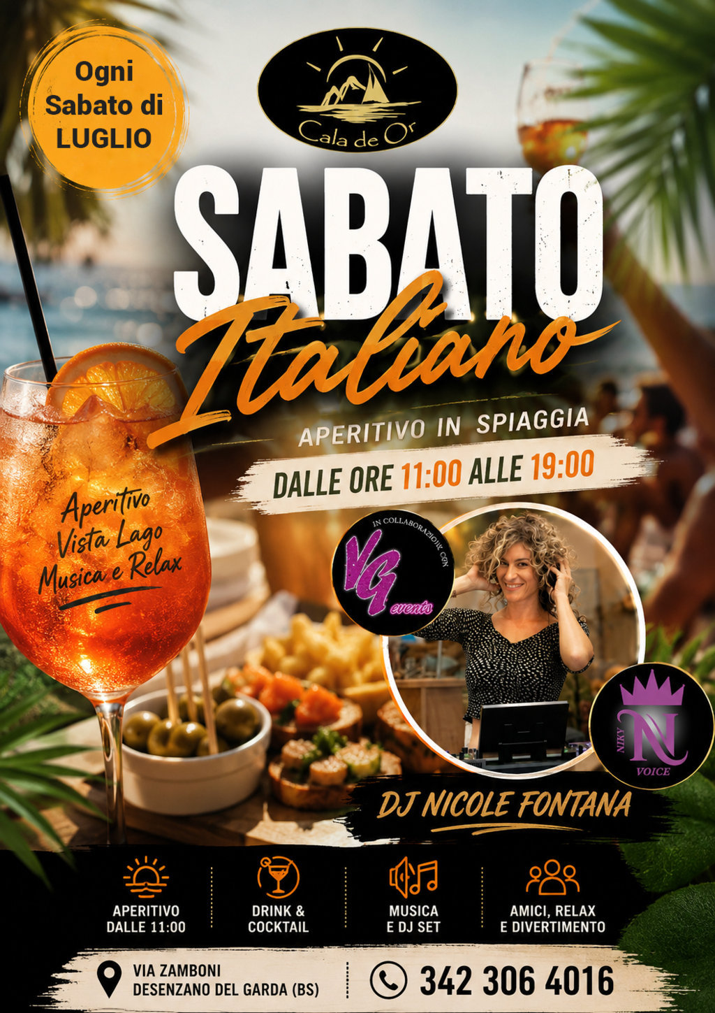 Ogni sabato di luglio vivi il Sabato Italiano al Cala de Or di Desenzano del Garda: aperitivo sul Lago di Garda dalle 11:00 alle 19:00 con DJ Nicole Fontana, cocktail, musica italiana e vista lago.