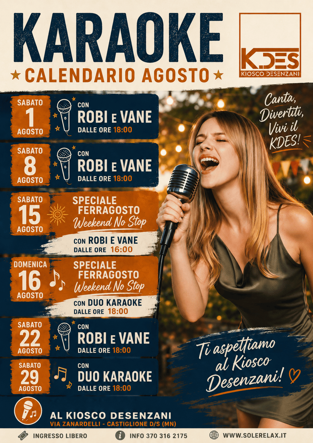 calendario agosto karaoke castiglione delle stiviere presso parco desenzani K.DES
