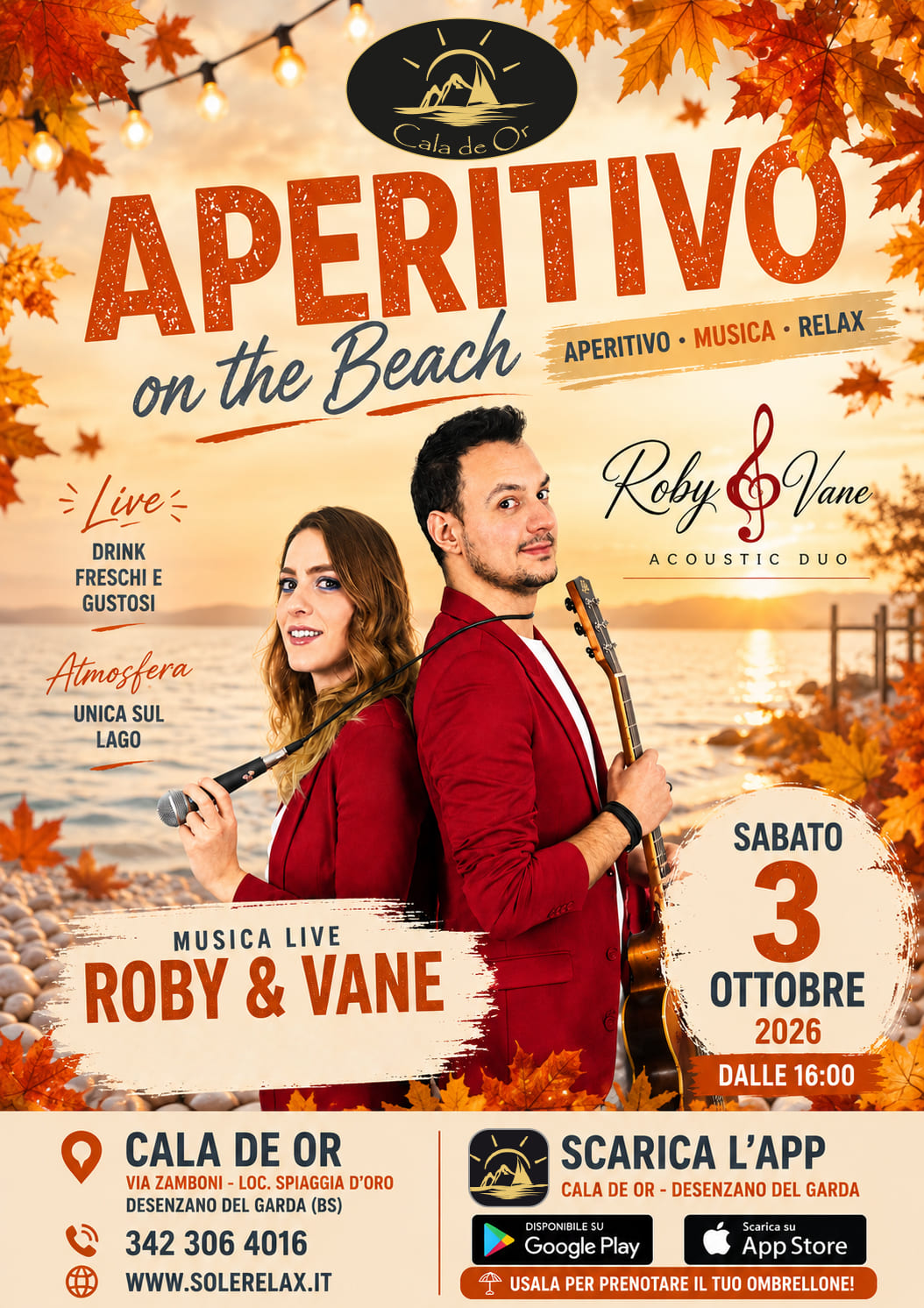 Eventi ottobre a Desenzano sabato 3 ottobre 2026 Roby & Vane live a Cala de Or dalle 1600. Aperitivo, musica e atmosfera autunnale sul Lago di Garda.