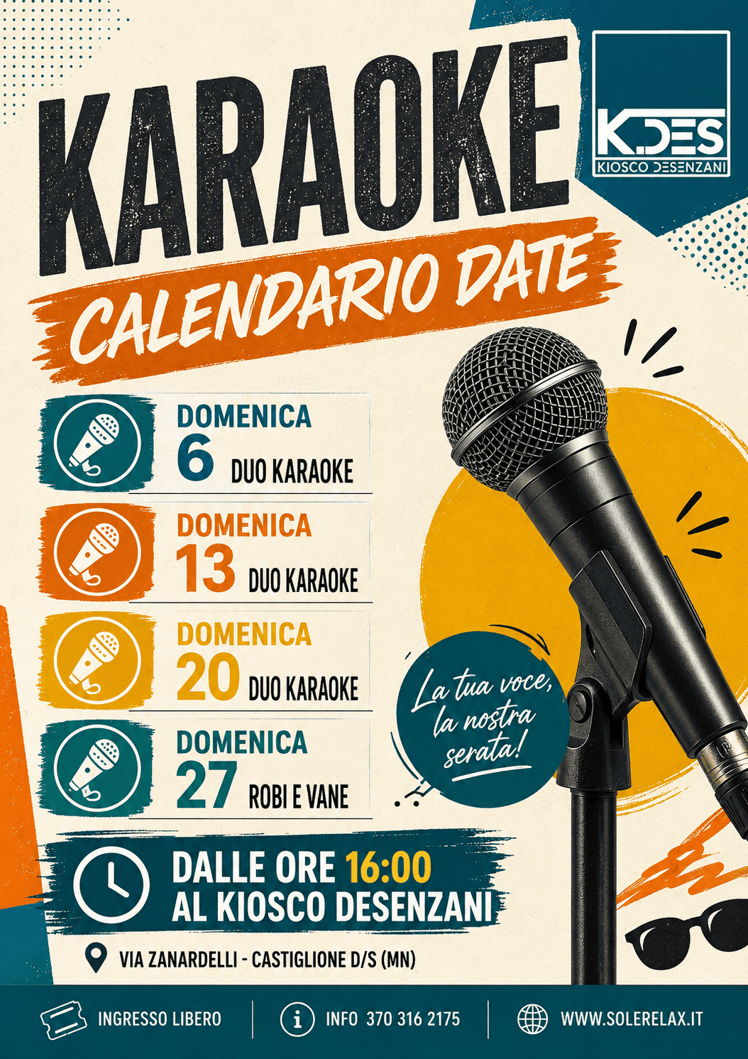 Karaoke Castiglione al K.DES Kiosco Desenzani ogni domenica di Settembre dalle ore 16 presso il Parco Desenzani
