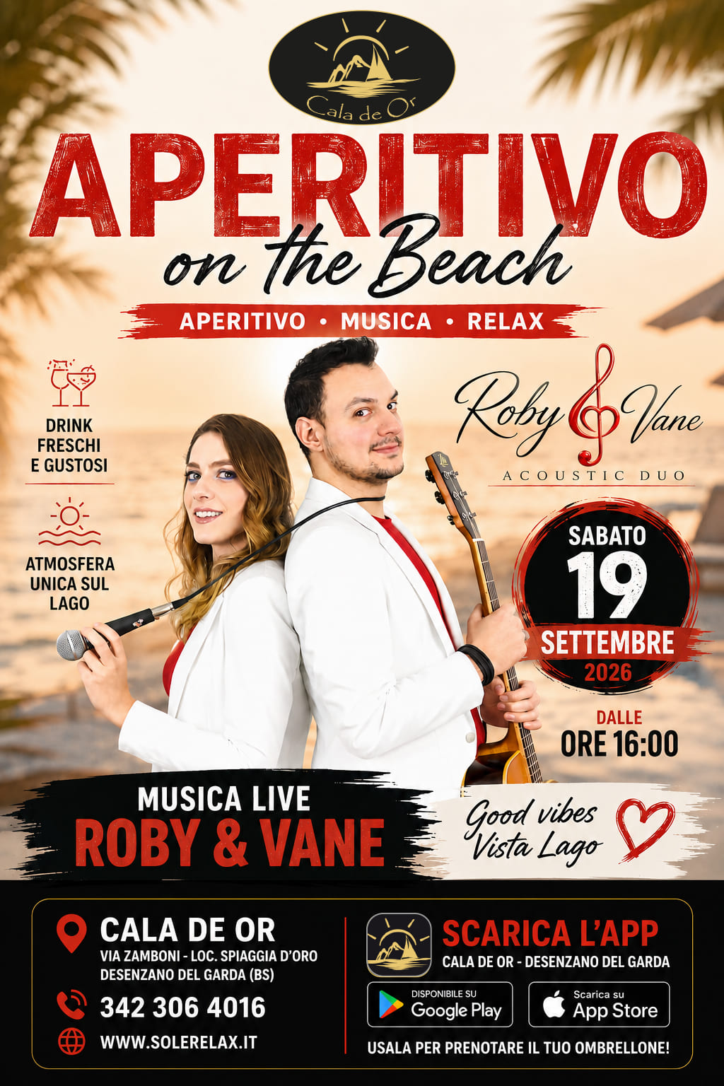 Musica live a Desenzano del Garda sabato 19 settembre 2026: Roby & Vane a Cala de Or dalle 16:00 per Aperitivo on the Beach alla Spiaggia d’Oro.
