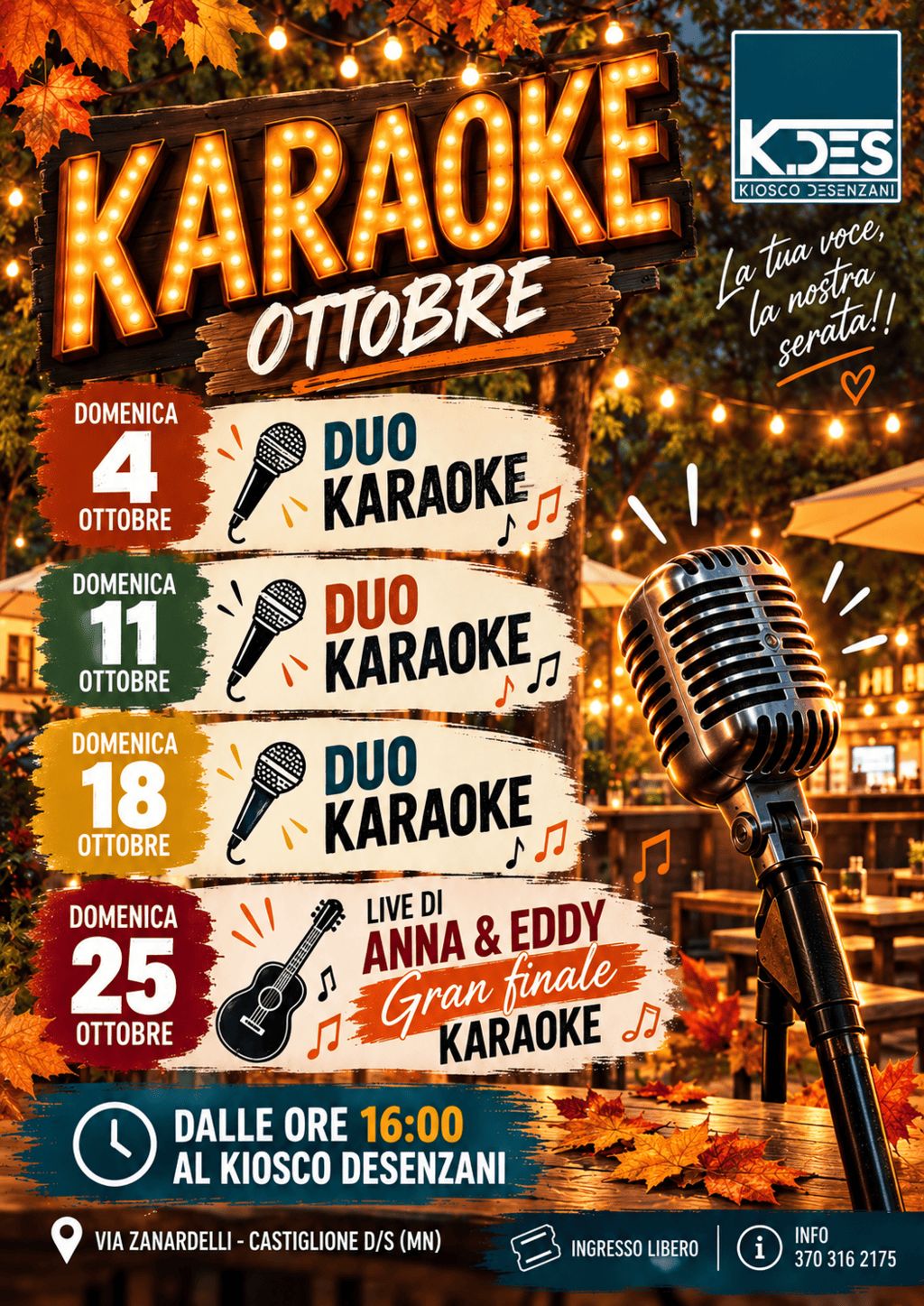 Ogni Domenica vi aspettiamo al K.DES per il Karaoke Ottobre 2026 presso il parco Desenzani di Castiglione delle Stiviere (MN)